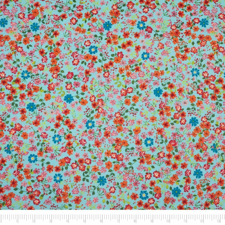 Fabric & Sewing Shop * | Buy Singer Orange Small Floral On Blue Cotton Fabric