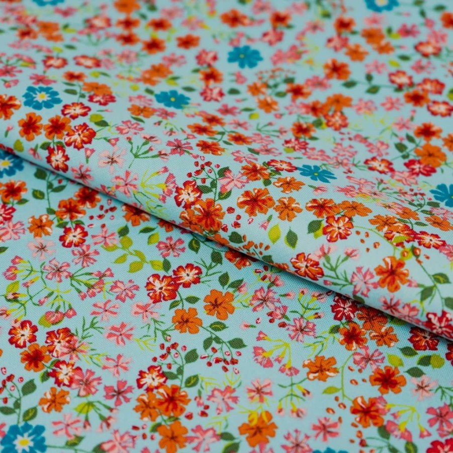 Fabric & Sewing Shop * | Buy Singer Orange Small Floral On Blue Cotton Fabric