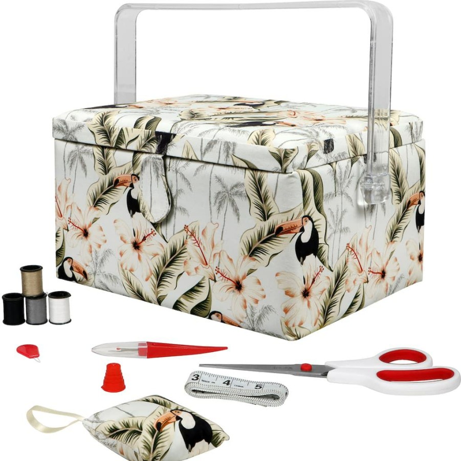 Fabric & Sewing Shop * | Promo Singer Premium Large Toucan Print Tackle Sewing Basket With Notions Sewing Kit & Pin Cushion