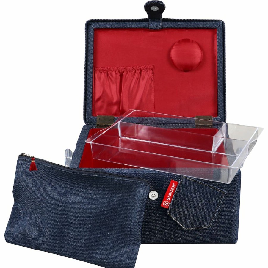 Fabric & Sewing Shop * | Budget Singer Large Denim Sewing Basket With Zipper Pouch