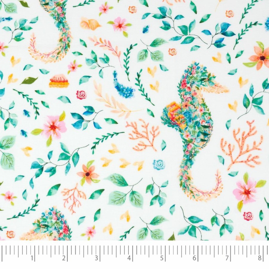 Fabric & Sewing Shop * | Discount Singer Denise Palmer White Seahorse Cotton Fabric