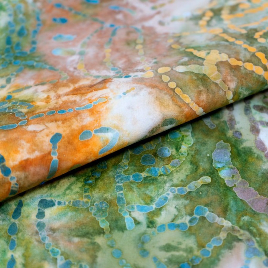 Fabric & Sewing Shop * | New Singer Batik Green & Orange Leaves Cotton Fabric