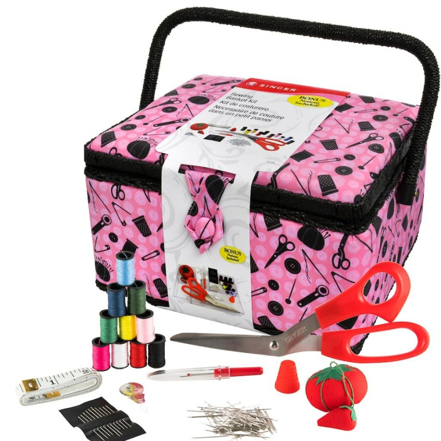 Fabric & Sewing Shop * | Flash Sale Singer Pink & Black Notions Pattern Sewing Basket Kit