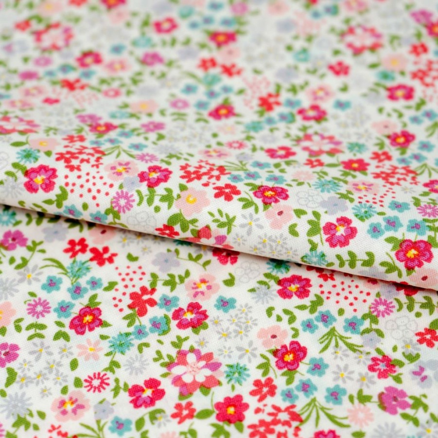 Fabric & Sewing Shop * | Buy Singer Pink Small Floral White Cotton Fabric