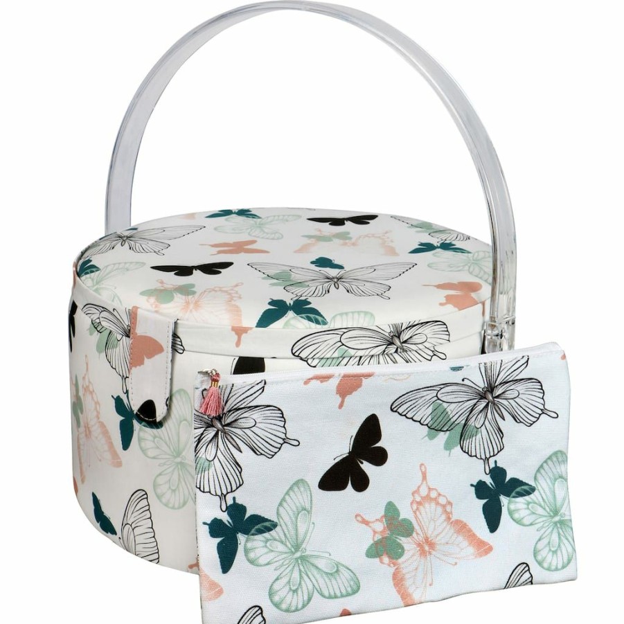 Fabric & Sewing Shop * | Best Sale Singer Premium Large Butterfly Print Round Sewing Basket With Zipper Pouch