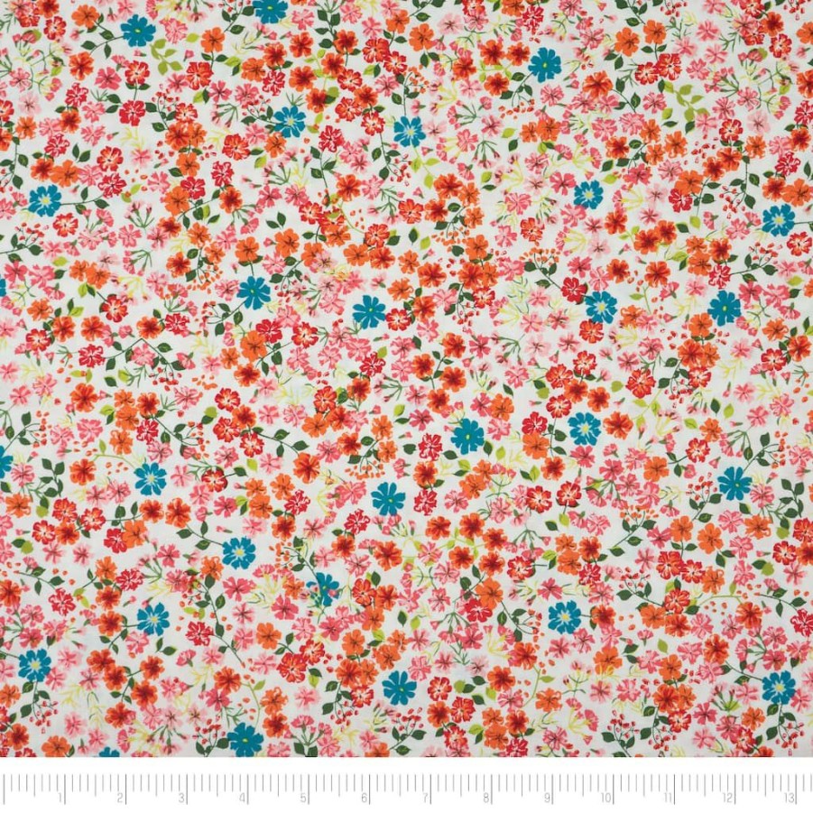 Fabric & Sewing Shop * | Best Deal Singer Orange Small Floral On White Cotton Fabric