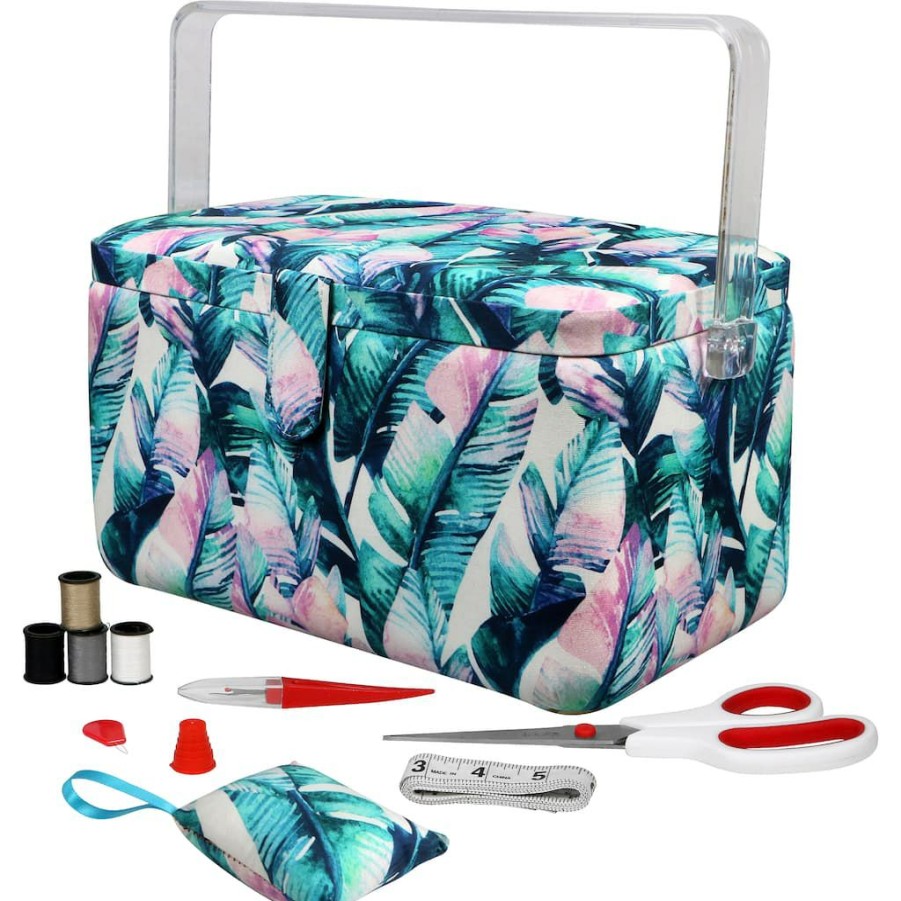 Fabric & Sewing Shop * | Brand New Singer Premium Large Banana Leaves Print Tackle Sewing Basket With Notions Sewing Kit & Pin Cushion