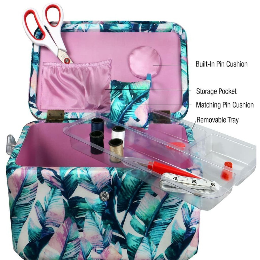 Fabric & Sewing Shop * | Brand New Singer Premium Large Banana Leaves Print Tackle Sewing Basket With Notions Sewing Kit & Pin Cushion