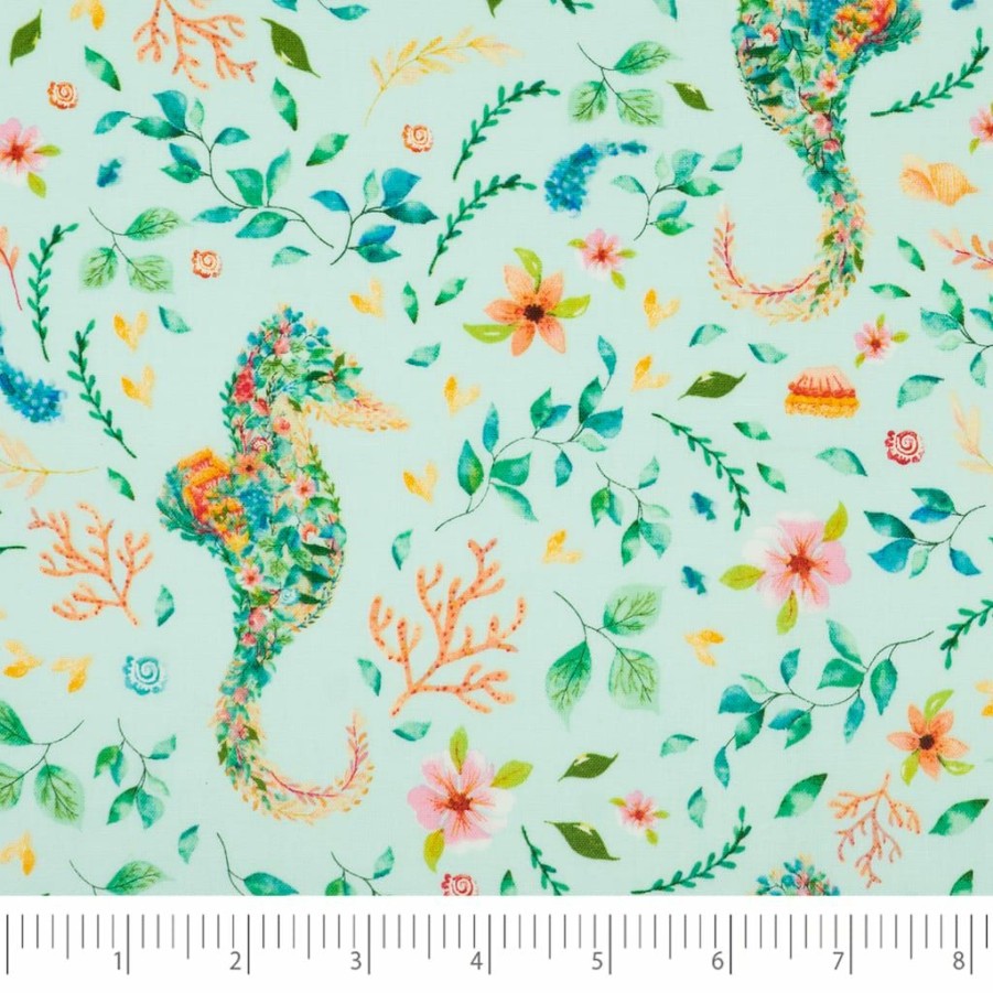 Fabric & Sewing Shop * | Top 10 Singer Denise Palmer Aqua Seahorse Cotton Fabric