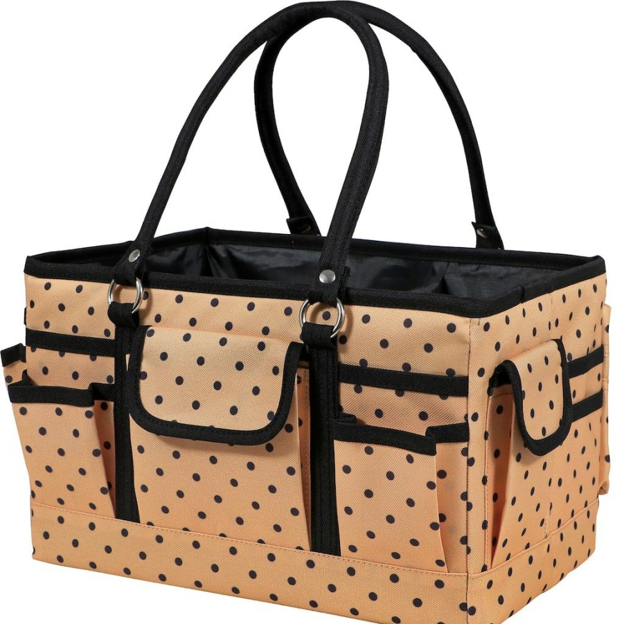 Fabric & Sewing Shop * | Brand New Singer Large Tan & Black Polka Dot Print Sewing & Craft Collapsible Storage Tote Caddy