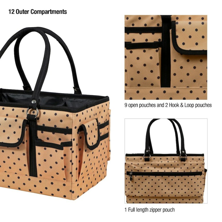 Fabric & Sewing Shop * | Brand New Singer Large Tan & Black Polka Dot Print Sewing & Craft Collapsible Storage Tote Caddy